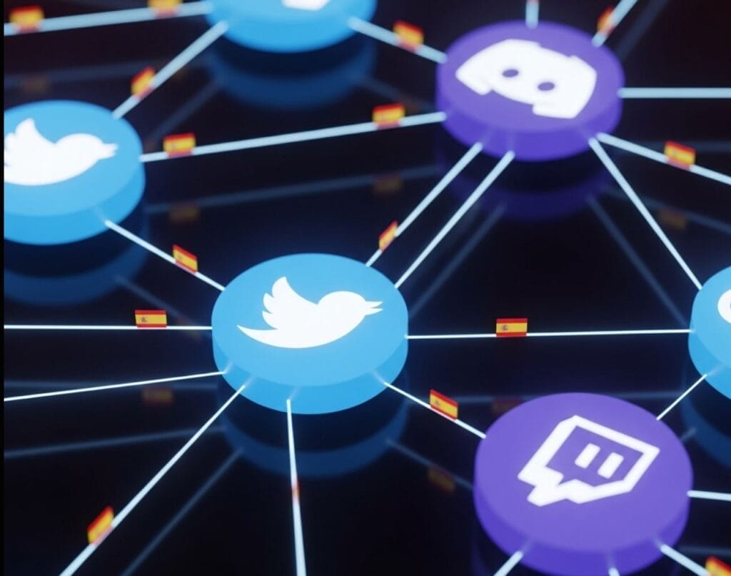 Industria videojuegos España 7-13 julio 2025 A network of glowing lines connecting abstract shapes representing different social media platforms (Twitter, Discord, Twitch), with tiny Spanish flag icons at connection points. Energetic, digital, and interconnected. Focus on communication and community building