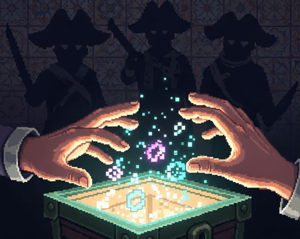 Industria videojuegos España 7-13 julio 2025 A stylized, slightly dark image of hands reaching into a glowing 'loot box' (a treasure chest in pixel art style) with ambiguous results. In the background, faint, shadowy figures representing piracy. Convey a sense of complex rules and hidden risks. Subtly incorporate Spanish elements like a tiled pattern.