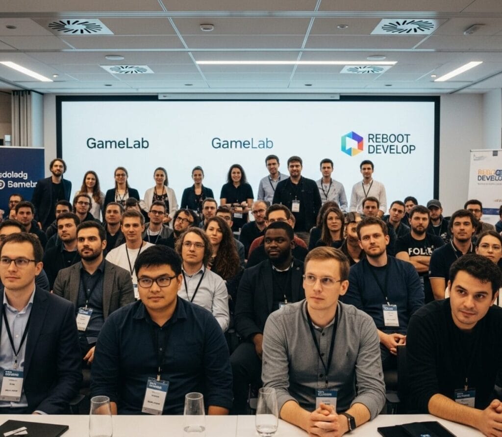 Una sala de conferencias con un ambiente sofisticado, donde desarrolladores y profesionales de la industria de los videojuegos asisten a una charla inspiradora. Se ven logos de eventos como GameLab y Reboot Develop en el fondo.