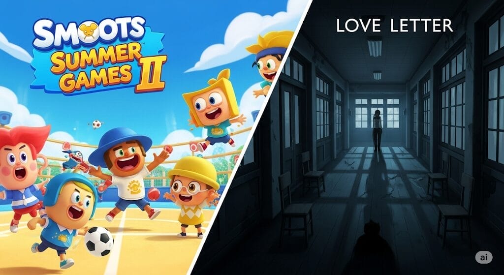 Una imagen dividida: en un lado, una escena caricaturesca y vibrante de Smoots Summer Games II con personajes compitiendo en un evento divertido. En el otro, una captura de pantalla tenue y espeluznante de Love Letter, mostrando un misterioso pasillo escolar.