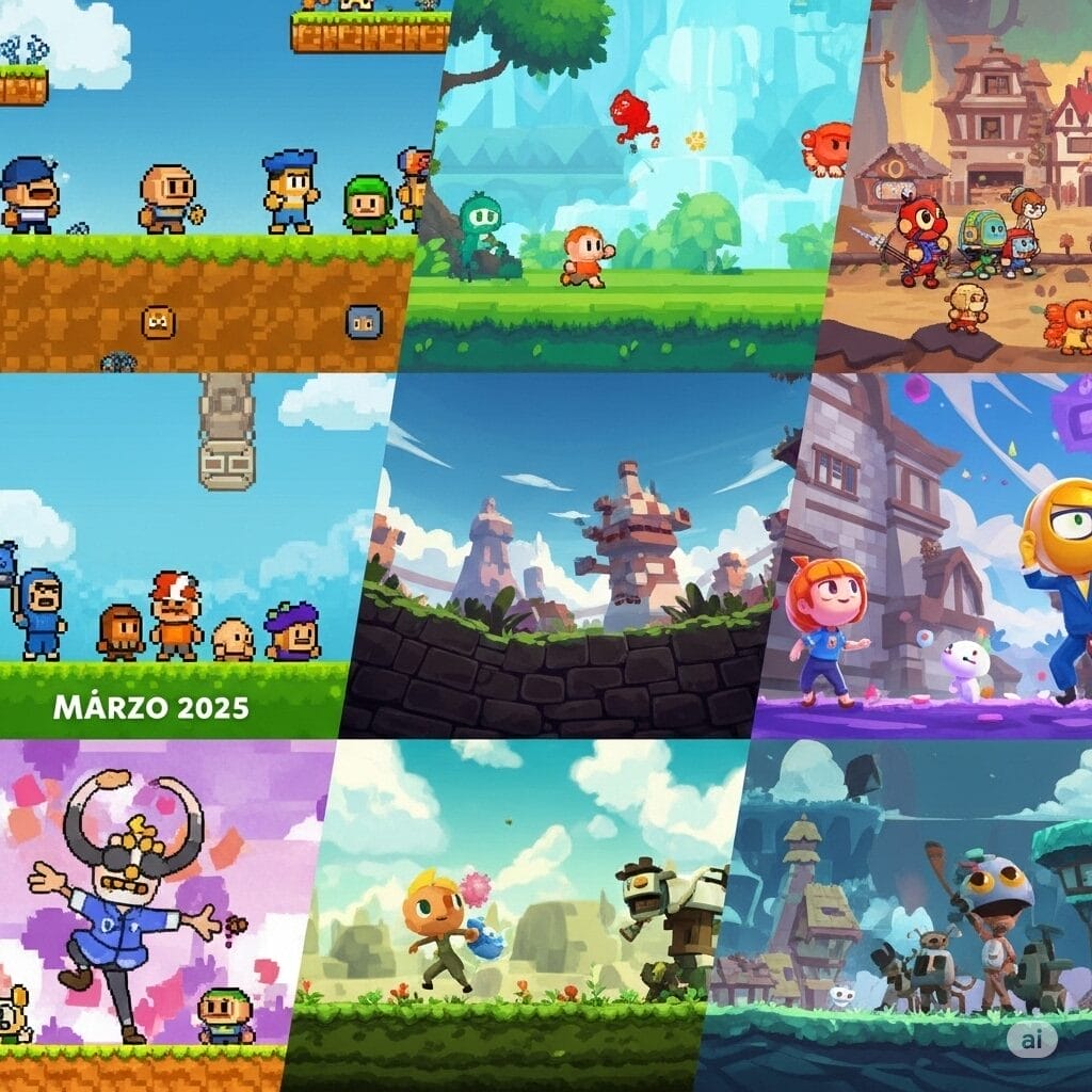  Un montaje de varios estilos de arte de juegos indie, desde plataformas de pixel art hasta juegos de aventura coloridos, representando la diversidad de los lanzamientos de juegos españoles en marzo de 2025.