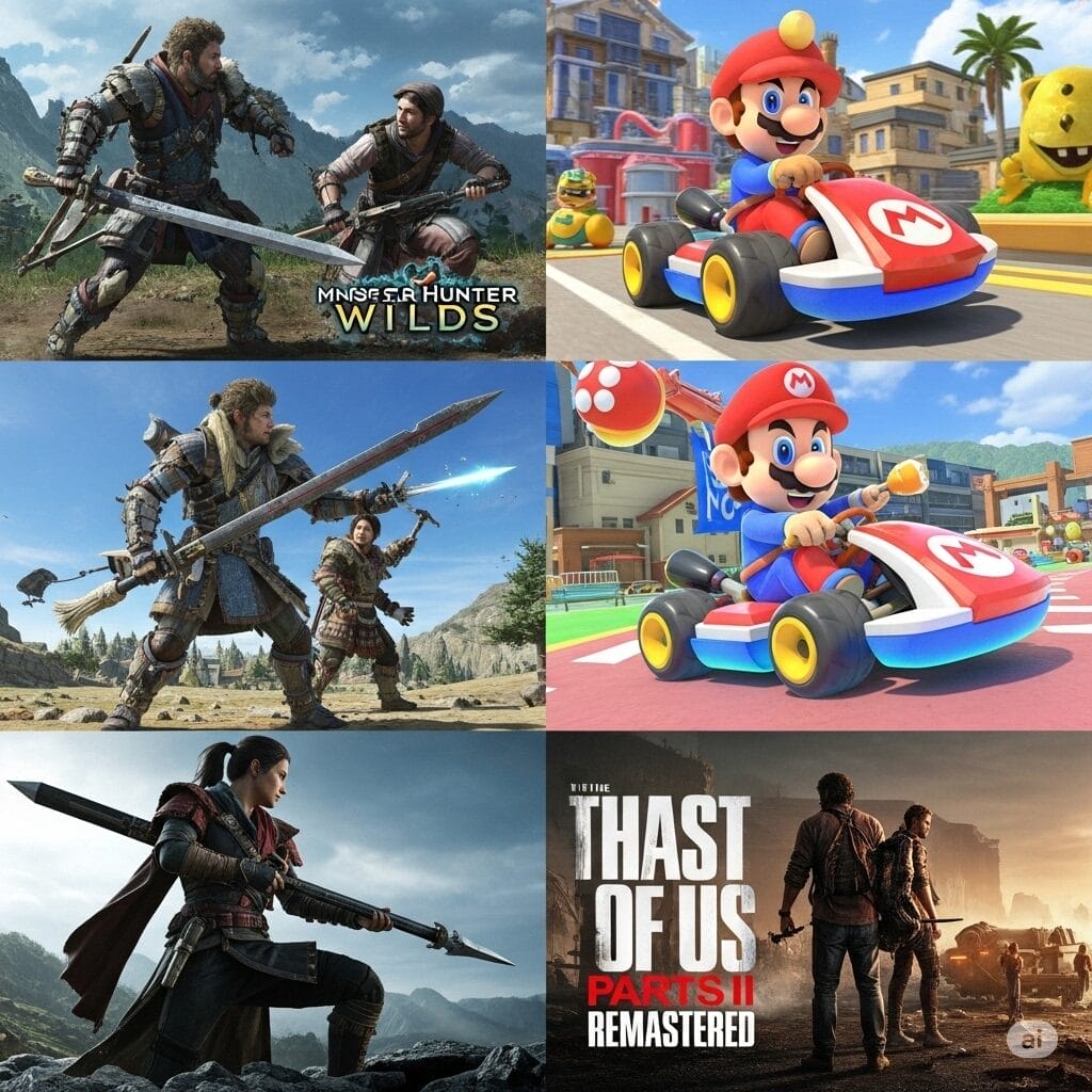 Un montaje vibrante que muestra escenas de varios juegos populares lanzados o con buenas ventas en abril de 2025, como una batalla feroz de Monster Hunter Wilds, una divertida carrera en Mario Kart y un momento épico de The Last of Us Part II Remastered.