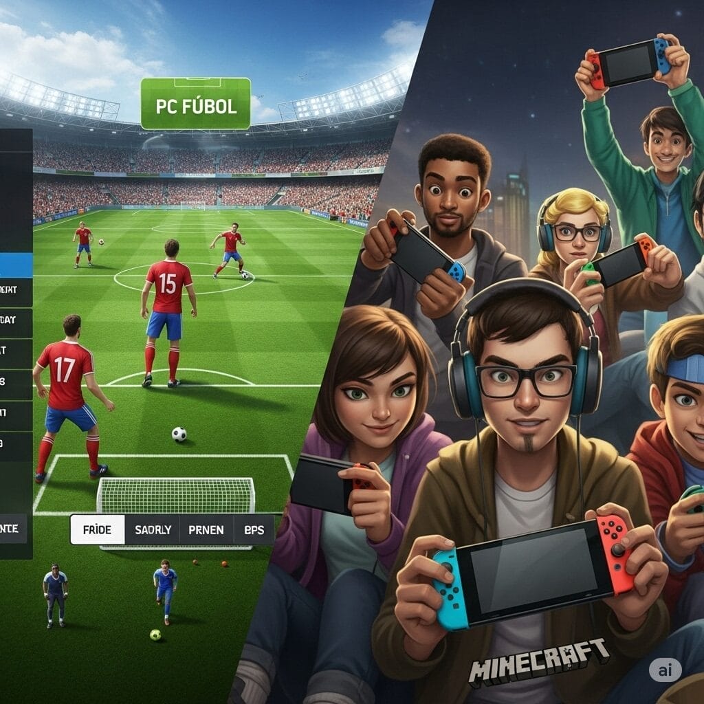Una imagen dividida: un lado muestra una interfaz moderna y elegante de gestión de fútbol con elementos de la estética clásica de PC Fútbol. El otro lado muestra un grupo diverso de gamers jugando intensamente a Minecraft en Nintendo Switch.