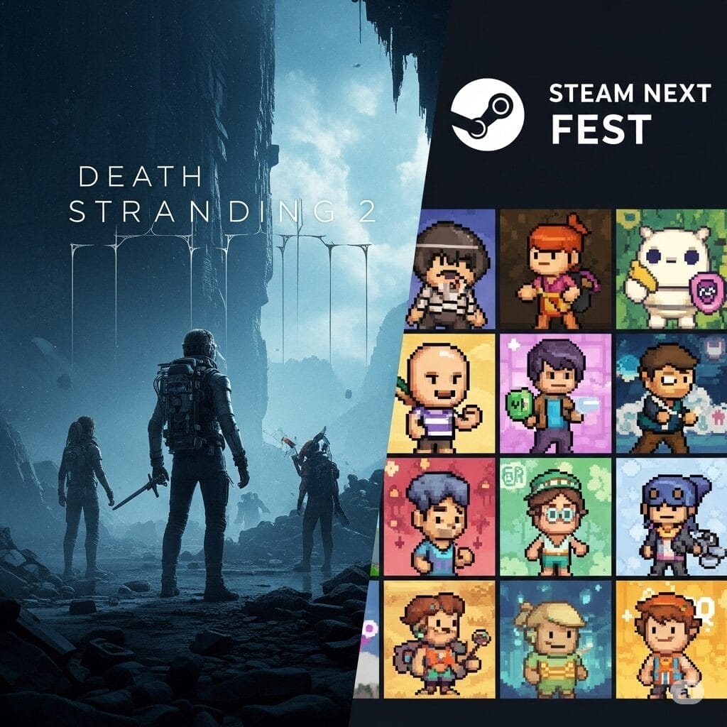 Una imagen dividida: en un lado, una escena de un juego AAA importante como Death Stranding 2, con gráficos de alta fidelidad y modelos de personajes intrincados. En el otro, un collage de arte de píxeles y personajes de juegos indie de estudios españoles mostrados en Steam Next Fest, destacando su encanto único.