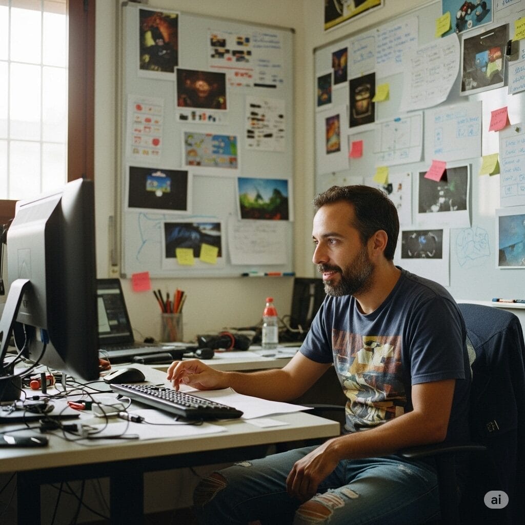  Un desarrollador de videojuegos español apasionado mirando una pantalla de ordenador, rodeado de pizarras con ideas de diseño de juegos. El ambiente es creativo y colaborativo, quizás con un toque de un acogedor estudio indie.