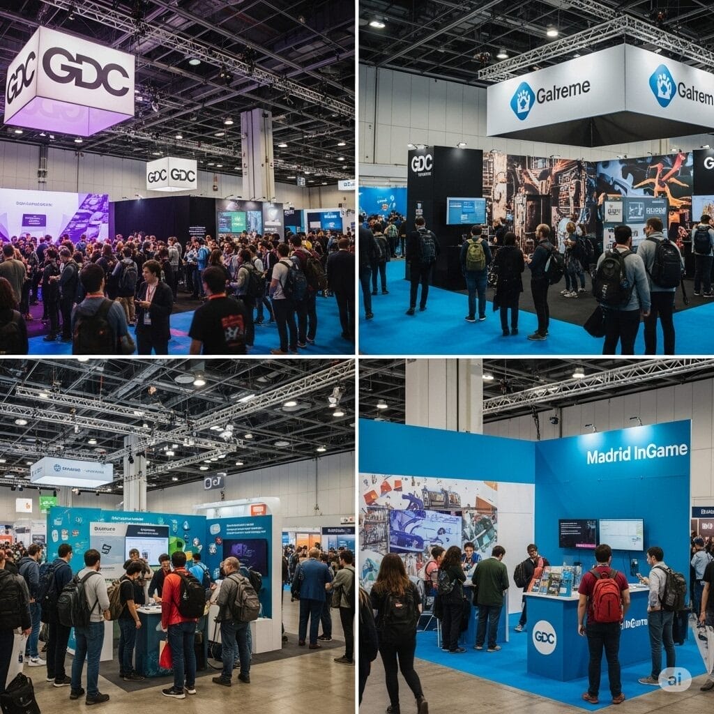 Una representación dinámica de la GDC en San Francisco, con paneles de discusión llenos, pasillos bulliciosos y demostraciones de tecnología de vanguardia. Contraste con una escena más íntima pero igualmente vibrante de Madrid InGame, centrada en la interacción entre desarrolladores y jugadores.