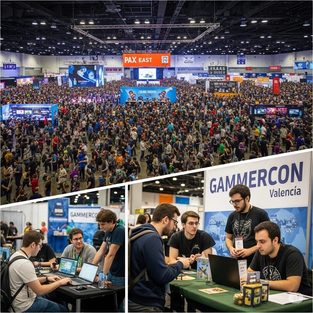 Un collage de imágenes: una vista aérea de una multitud en PAX East, un gran evento de juegos. Junto a esto, una escena más cercana y amigable de GammerCon en Valencia, mostrando jugadores probando juegos indie y desarrolladores charlando.