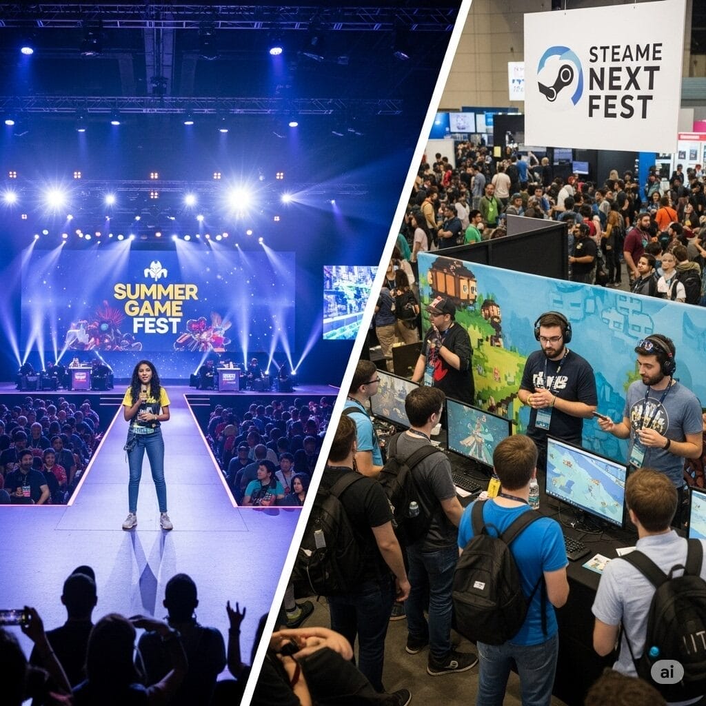 Un diseño que fusione dos escenas: en una, el escenario brillante y grande del Summer Game Fest con un presentador anunciando un gran juego. En la otra, una sección más íntima pero concurrida del Steam Next Fest, mostrando a desarrolladores indie emocionados explicando sus demos a los jugadores.