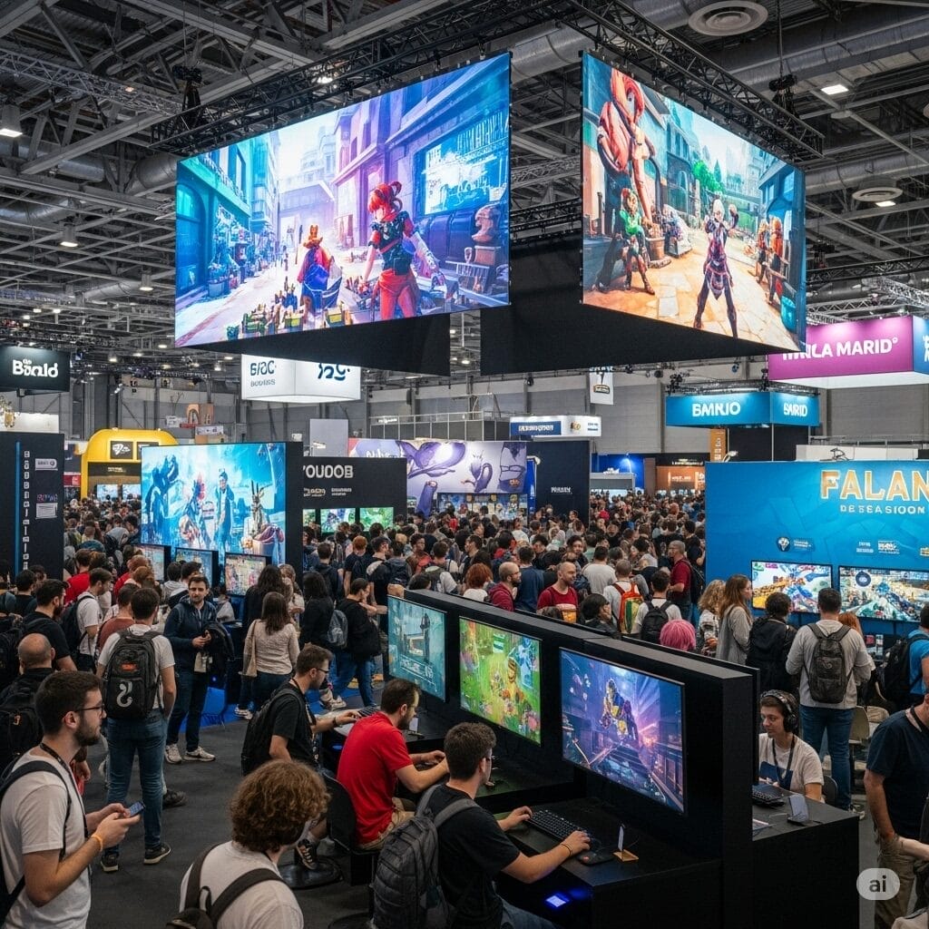 Una sala de convención de videojuegos en España, vibrante y concurrida, con personas diversas jugando, desarrolladores mostrando nuevos títulos y pantallas digitales exhibiendo jugabilidad emocionante. Enfocarse en una sensación de energía e innovación.