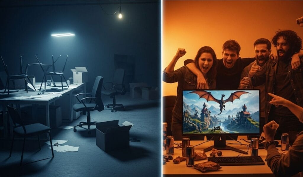 Una imagen dividida que muestra una oficina vacía por los despidos y un equipo de desarrollo de videojuegos celebrando un lanzamiento.