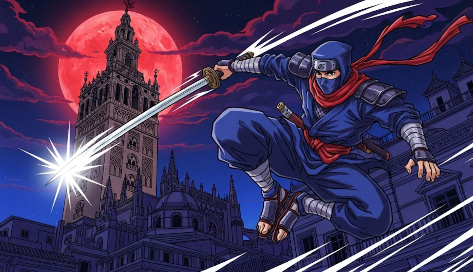 Ilustración de un ninja en acción, al estilo del videojuego Ninja Gaiden: Ragebound, con la ciudad de Sevilla de fondo.