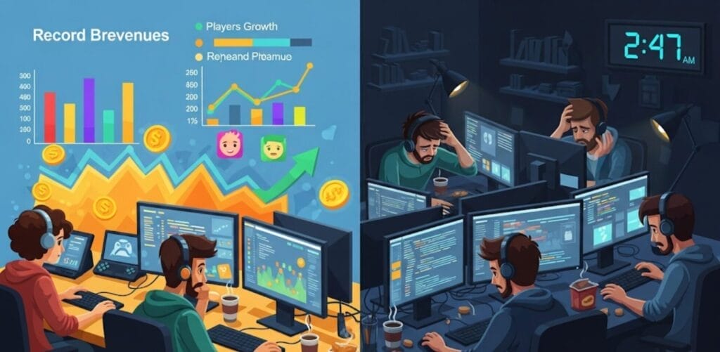 Análisis Industria videojuego España 11 Agosto – 25 Agosto 2025: Infografía que contrasta el éxito financiero de la industria del videojuego con los problemas laborales de sus trabajadores.