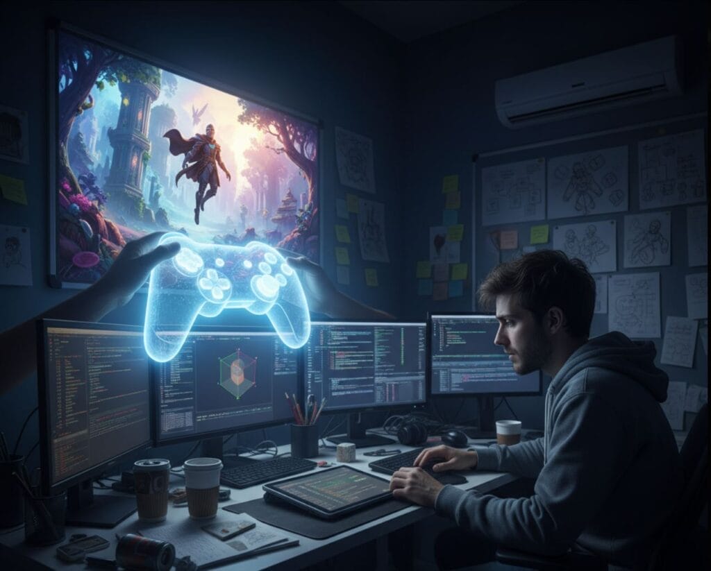  Análisis Industria videojuego España 1 a 7 de Septiembre 2025: Imagen conceptual que contrasta el éxito de un videojuego popular con el estrés del desarrollo independiente.