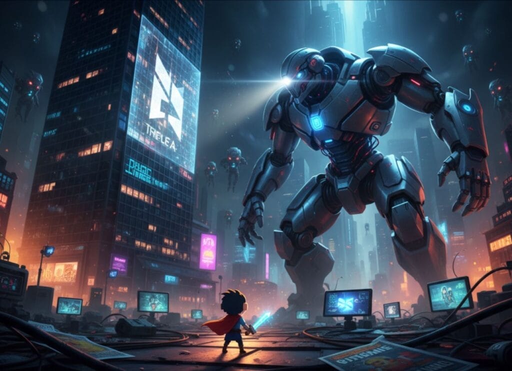 Un personaje de videojuego pequeño e independiente se enfrenta a un enemigo robótico masivo, simbolizando la competencia en el mercado.