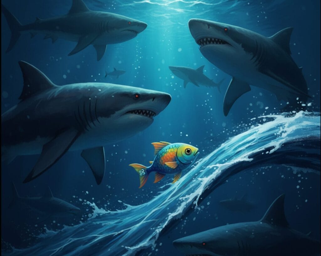 Análisis Industria videojuego España 15 a 21 de Septiembre:  Ilustración de un pequeño pez de colores nadando contra la corriente frente a enormes sombras de tiburones.