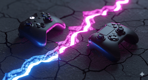 Análisis Industria videojuego España 25 Agosto – 31 Agosto 2025: Dos mandos de consola de marcas rivales intercambiando logos, simbolizando la estrategia de lanzamientos multiplataforma de Xbox y PlayStation.