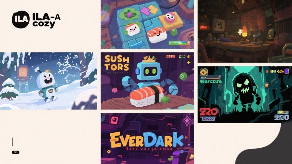 Collage de videojuegos españoles lanzados en octubre de 2025, mostrando ILA: A Frosty Glide, Sushi for Robots y Everdark.