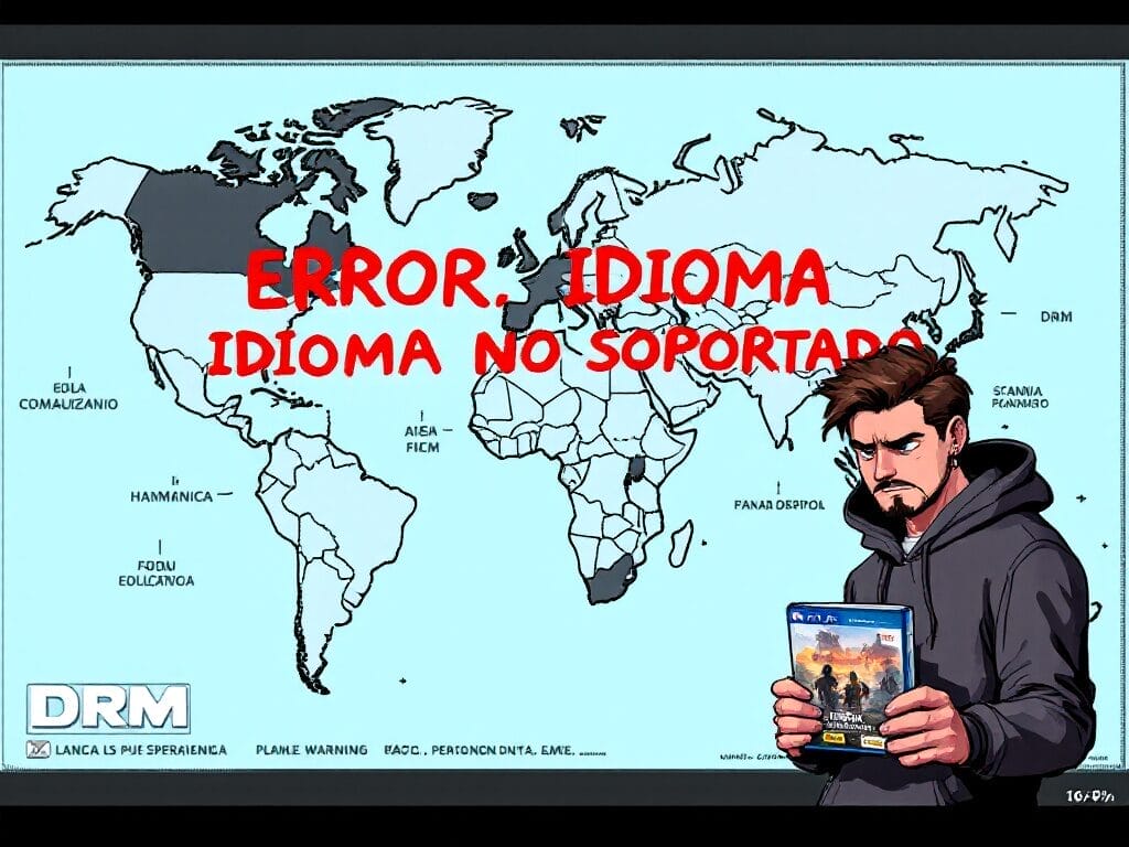 Un mapa del mundo con los países de habla hispana en gris y un mensaje de error de idioma, simbolizando la falta de localización de videojuegos al español.